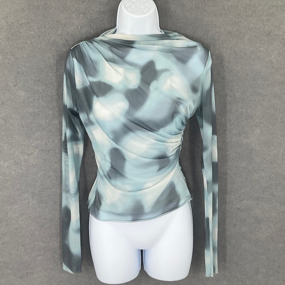 Zara Top Womens Sz S Blue Gray Abstract Draped Stretchy Mesh Tie Dye Ruched - Picture 1 of 7